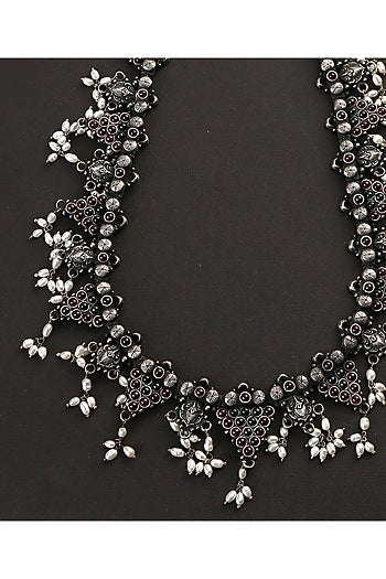 White Finish Red & Green Kempstone Tribal Necklace In Sterling Silver
