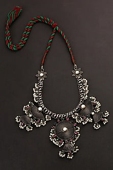 White Finish Red & Green Kempstone Tribal Necklace In Sterling Silver