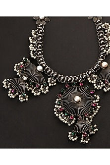 White Finish Red & Green Kempstone Tribal Necklace In Sterling Silver