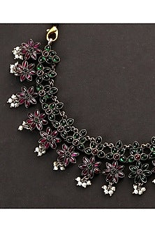 White Finish Red & Green Kempstone Tribal Necklace In Sterling Silver
