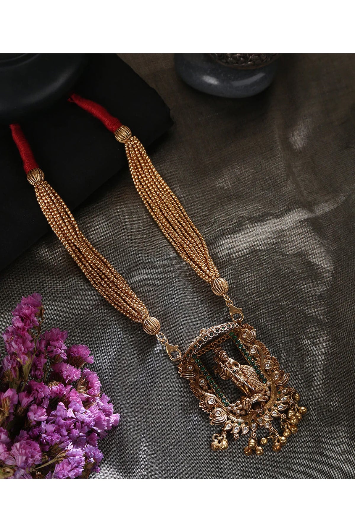 White Finish Gold & Green Kempstone Tribal Necklace In Sterling Silver
