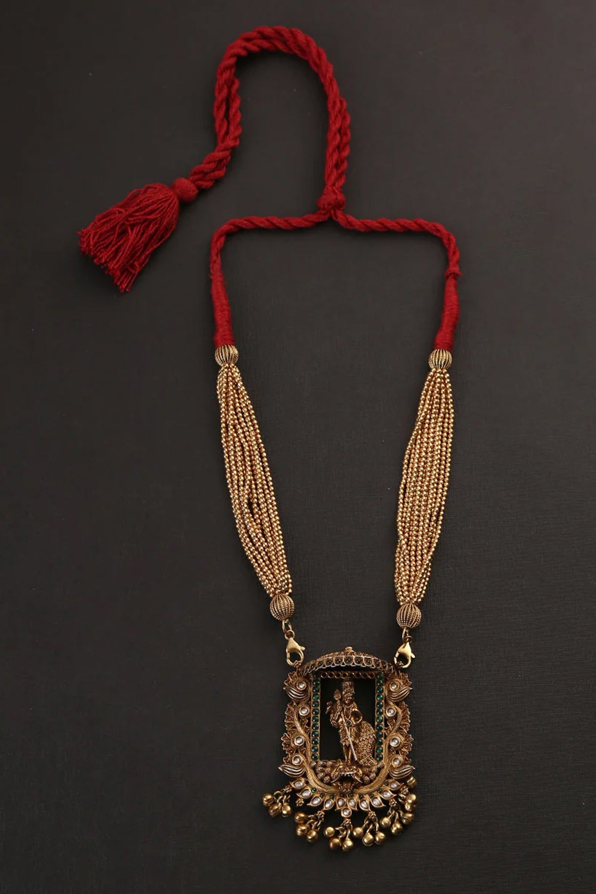 White Finish Gold & Green Kempstone Tribal Necklace In Sterling Silver