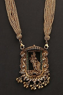 White Finish Gold & Green Kempstone Tribal Necklace In Sterling Silver