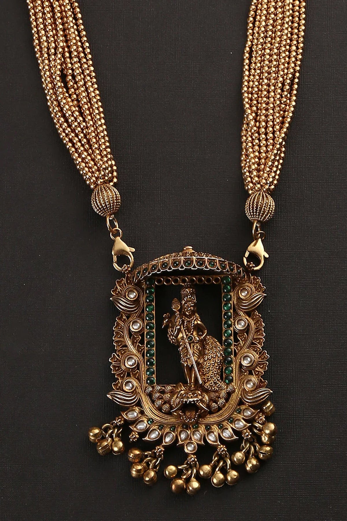 White Finish Gold & Green Kempstone Tribal Necklace In Sterling Silver