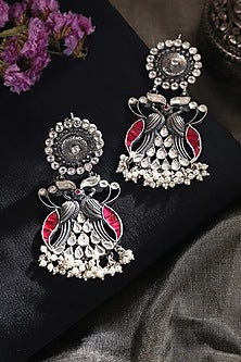 White Finish Kundan Polki & Pearl Tribal Dangler Earrings In Sterling Silver