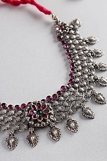 White Finish Red Kempstone Temple Necklace In Sterling Silver