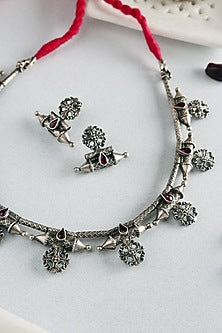 White Finish Red Kempstone Temple Spoke Necklace Set In Sterling Silver