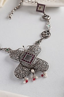 White Finish Kempstone Temple Butterfly Necklace In Sterling Silver