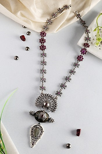 White Finish Temple Peacock Long Necklace In Sterling Silver