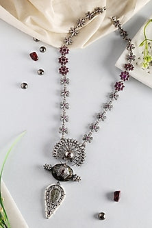 White Finish Temple Peacock Long Necklace In Sterling Silver