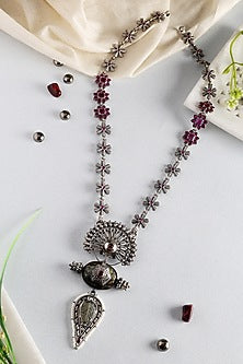 White Finish Temple Peacock Long Necklace In Sterling Silver