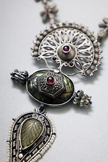 White Finish Temple Peacock Long Necklace In Sterling Silver