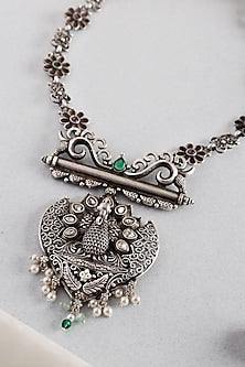 White Finish Kempstone Temple Peacock Leaf Long Necklace In Sterling Silver