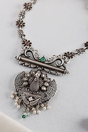 White Finish Kempstone Temple Peacock Leaf Long Necklace In Sterling Silver