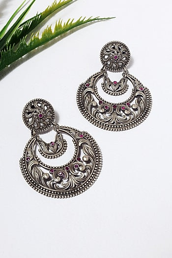 White Finish Kempstone Temple Chandbali Earrings In Sterling Silver