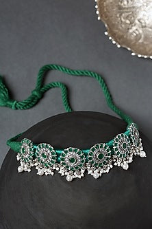 White Finish Green Onyx Temple Floral Choker Necklace In Sterling Silver