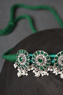 White Finish Green Onyx Temple Floral Choker Necklace In Sterling Silver