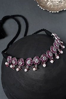White Finish Pink Onyx & CZ Temple Choker Necklace In Sterling Silver