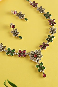 White Finish Multi-Colored CZ & Onyx Temple Long Necklace Set In Sterling Silver
