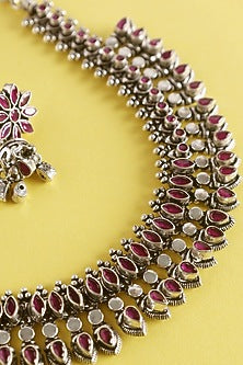 White Finish Ruby Drop Temple Necklace Set In Sterling Silver