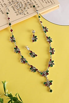 White Finish Green & Red Onyx Temple Long Necklace Set In Sterling Silver