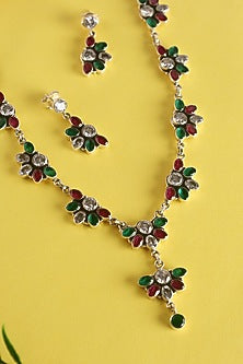 White Finish Green & Red Onyx Temple Long Necklace Set In Sterling Silver