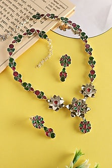 White Finish Maroon Onyx Temple Floral Necklace Set In Sterling Silver