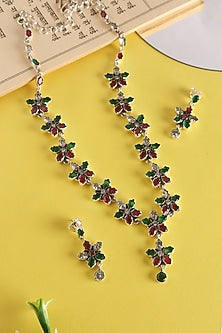 White Finish Red & Green Onyx Temple Long Necklace Set In Sterling Silver