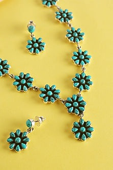 White Finish Turquoise Stone Temple Long Necklace Set In Sterling Silver