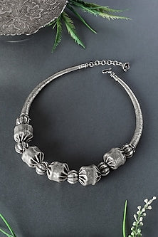 Antique White Finish Temple Tribal Beaded Necklace In Sterling Silver
