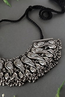 White Finish Peacock Ghungroo Necklace In Sterling Silver
