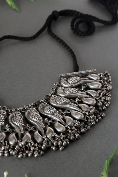 White Finish Peacock Ghungroo Necklace In Sterling Silver