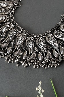 White Finish Peacock Ghungroo Necklace In Sterling Silver