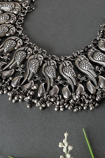 White Finish Peacock Ghungroo Necklace In Sterling Silver