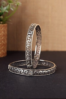 White Finish CZ Temple Bangles In Sterling Silver (Set Of 2)