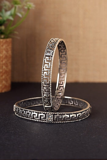 White Finish CZ Temple Bangles In Sterling Silver (Set Of 2)