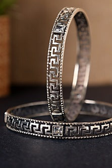 White Finish CZ Temple Bangles In Sterling Silver (Set Of 2)