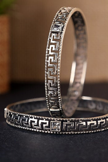White Finish CZ Temple Bangles In Sterling Silver (Set Of 2)