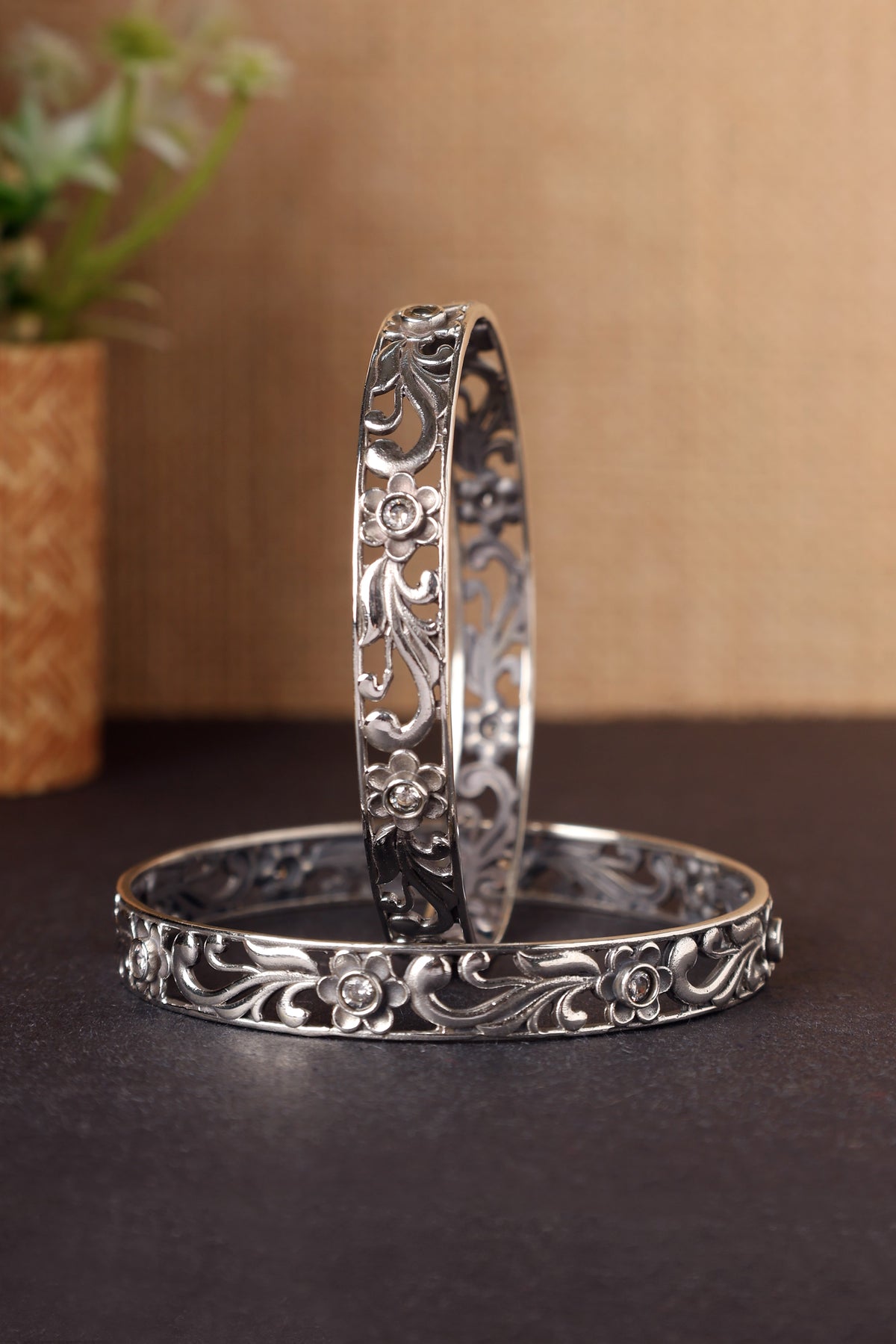 White Finish CZ Temple Floral Bangles In Sterling Silver (Set Of 2)