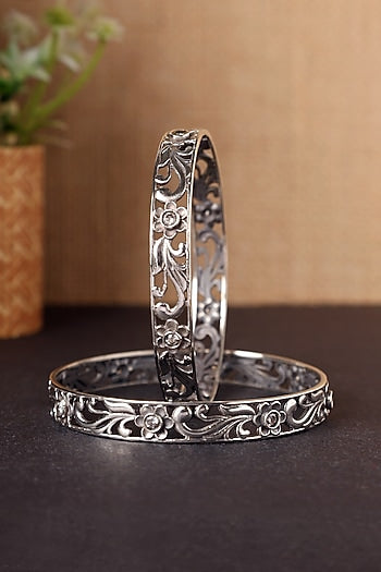 White Finish CZ Temple Floral Bangles In Sterling Silver (Set Of 2)