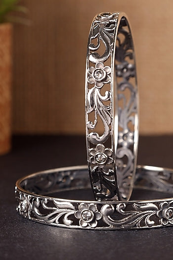 White Finish CZ Temple Floral Bangles In Sterling Silver (Set Of 2)