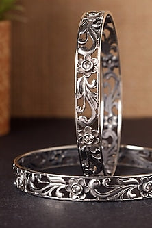 White Finish CZ Temple Floral Bangles In Sterling Silver (Set Of 2)