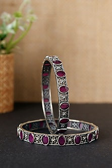 White Finish Pink Onyx Temple Bangles In Sterling Silver (Set Of 2)