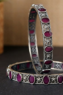 White Finish Pink Onyx Temple Bangles In Sterling Silver (Set Of 2)