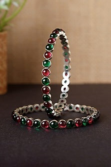 White Finish Onyx Temple Bangles In Sterling Silver (Set Of 2)