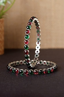 White Finish Onyx Temple Bangles In Sterling Silver (Set Of 2)