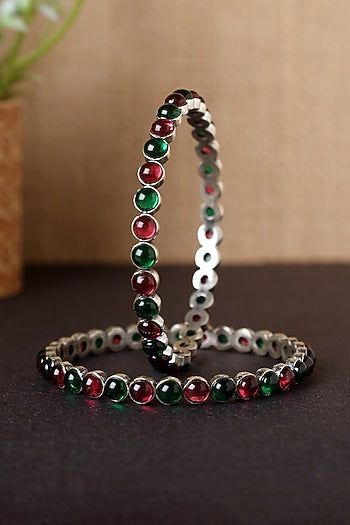 White Finish Onyx Temple Bangles In Sterling Silver (Set Of 2)