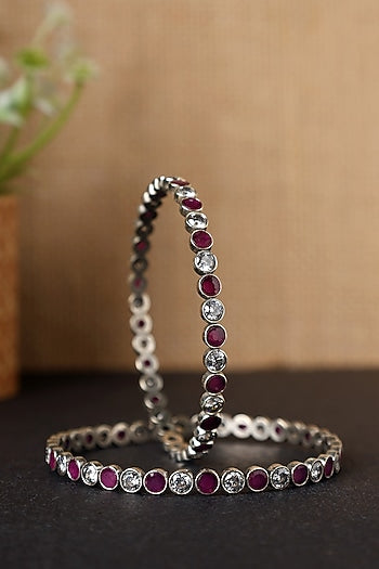 White Finish Ruby & CZ Temple Bangles In Sterling Silver (Set Of 2)