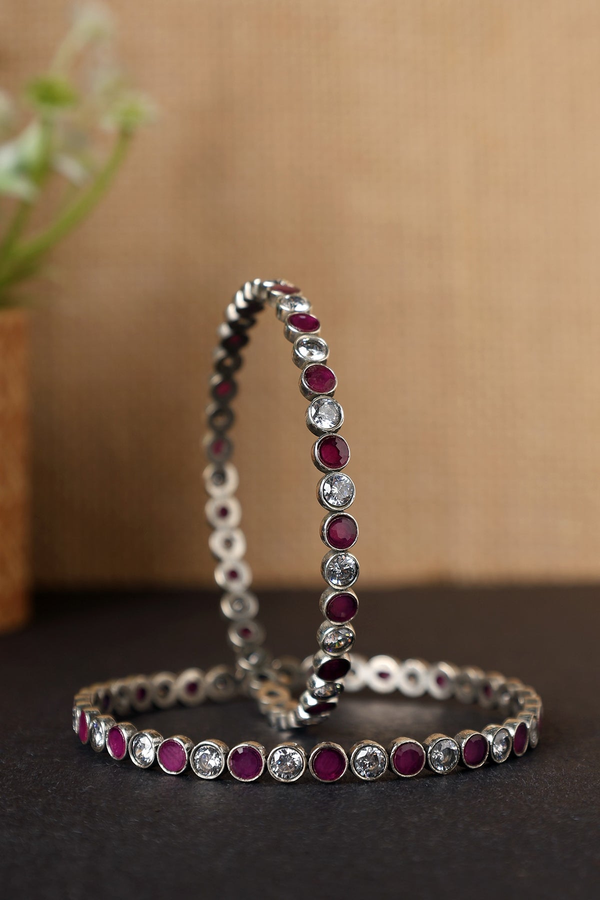 White Finish Ruby & CZ Temple Bangles In Sterling Silver (Set Of 2)