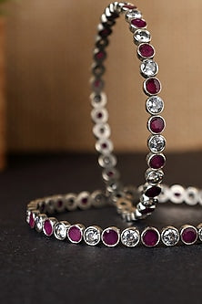 White Finish Ruby & CZ Temple Bangles In Sterling Silver (Set Of 2)